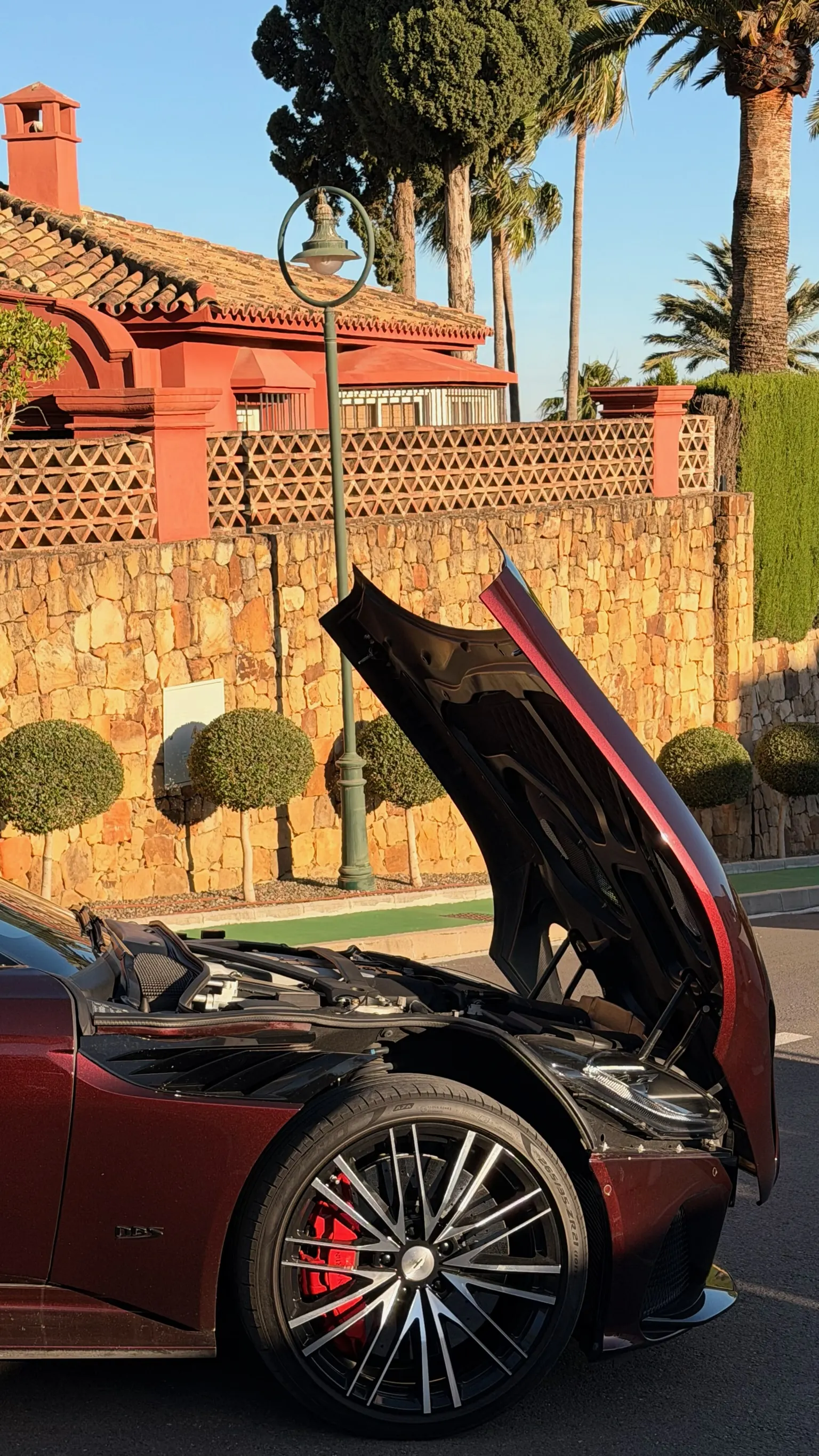 Open front bonnet of the Aston Martin DBS Superleggera revealing the 5.2L twin-turbo V12 producing 725 hp, DBS badge visible on side fender