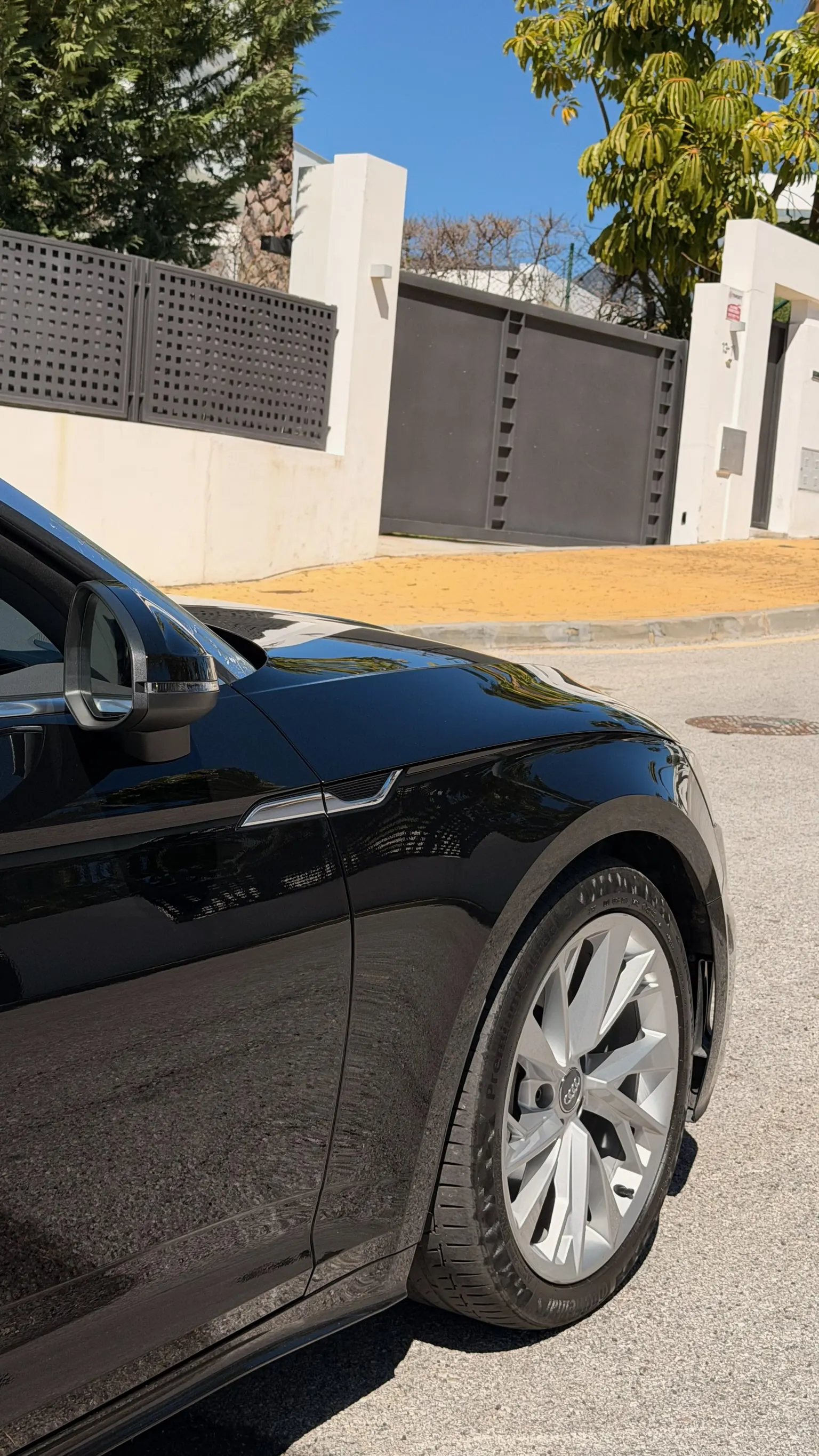 Audi A5 Convertible front fender detail with mirror, integrated LED indicator and 18-inch design wheel
